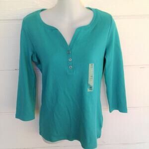 Karen Scott NWT Women's Green Henley 100% Cotton Top ¾ Sleeves Size XS